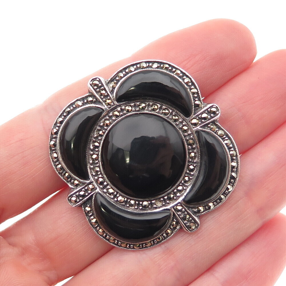 925 Sterling Silver Vintage Real Black Onyx & Marcasite Floral Pin Brooch
